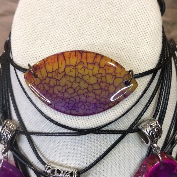 Gemstone & Fossil Pendant on Waxed Necklace w/Ornate Bail Lobster Claw Clasp - Picture 14 of 16